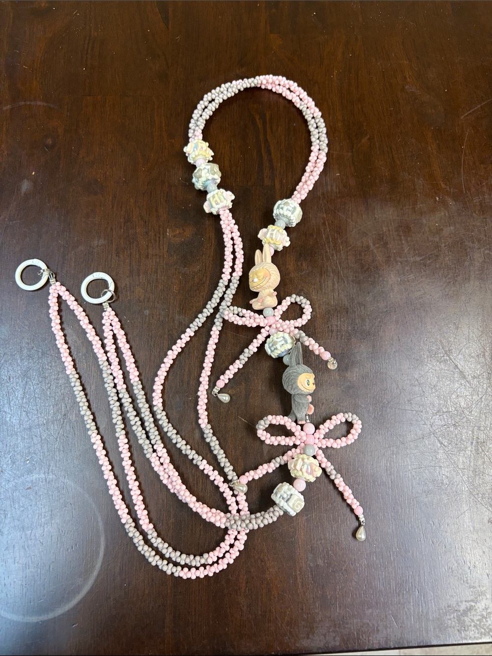 Handmade Pink & Gray Beaded Lanyard with Decorative Charms